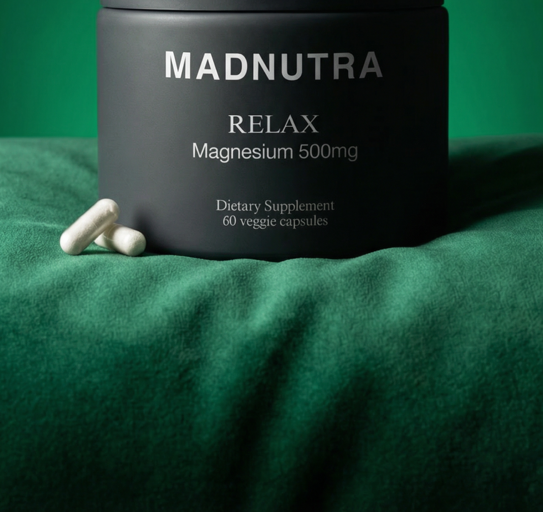 MadNutra RELAX Magnesium 500mg — 60 veggie capsules on deep green velvet